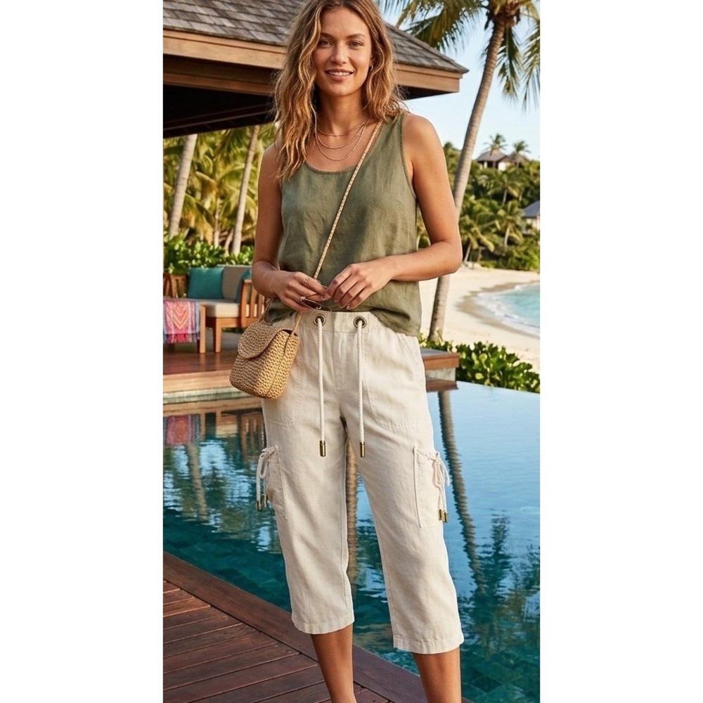 Old Navy Linen Blend Cargo Capri Pants Off-White Canvas Look Size 14 Mid-Rise
